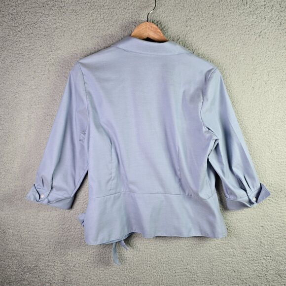 Coldwater Creek Womens Blouse PL Light Blue Wrap Tie Flipped Cuffs Popped Collar - Picture 12 of 14